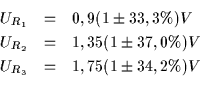 \begin{eqnarray*}U_{R_1} & = & 0,9(1 \pm 33,3 \%) V \\
U_{R_2} & = & 1,35(1 \pm 37,0 \%) V \\
U_{R_3} & = & 1,75(1 \pm 34,2 \%) V \\
\end{eqnarray*}